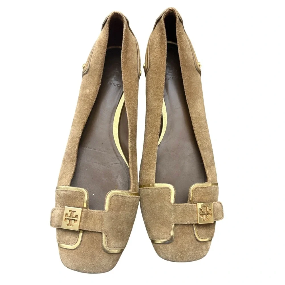 Tory Burch Suede Ballet Flats Brown Gold Logo Buckle Women's 9.5M Leather